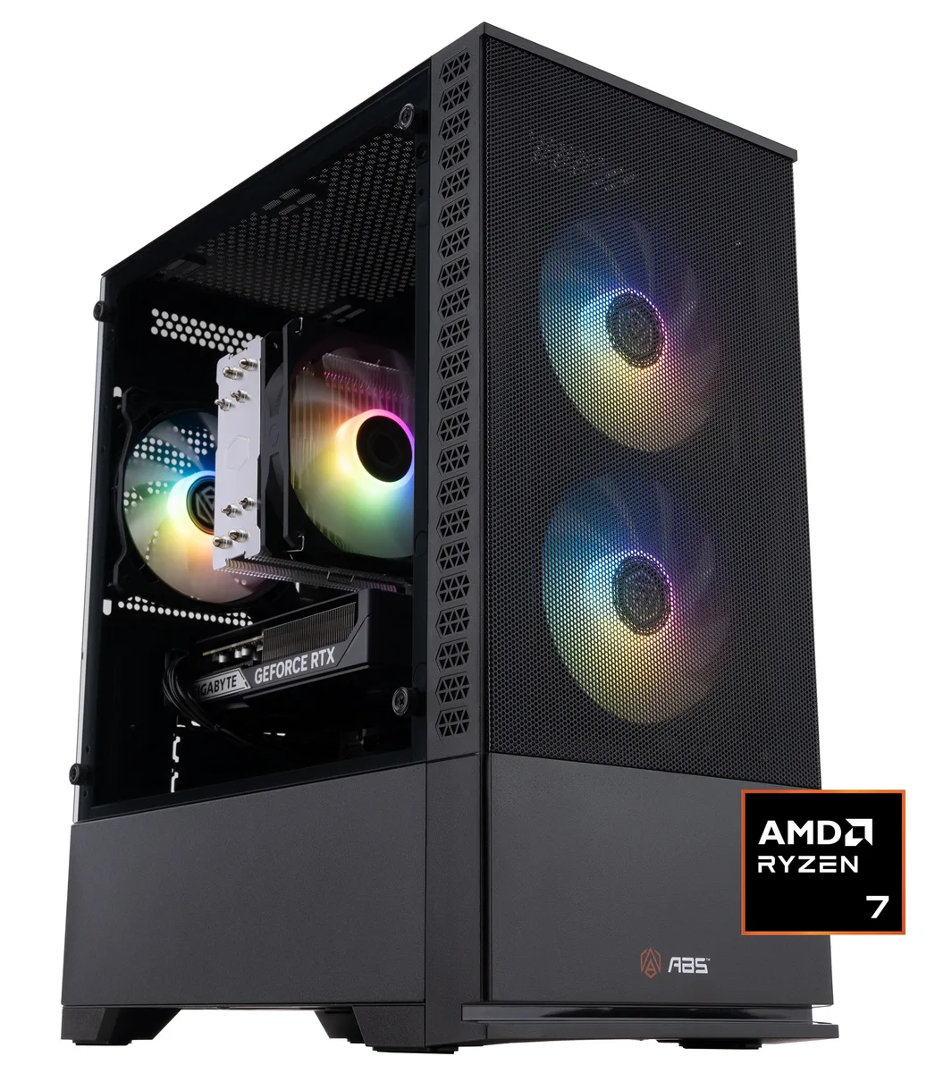 Black micro-tower gaming desktop with RGB memory and CPU cooler