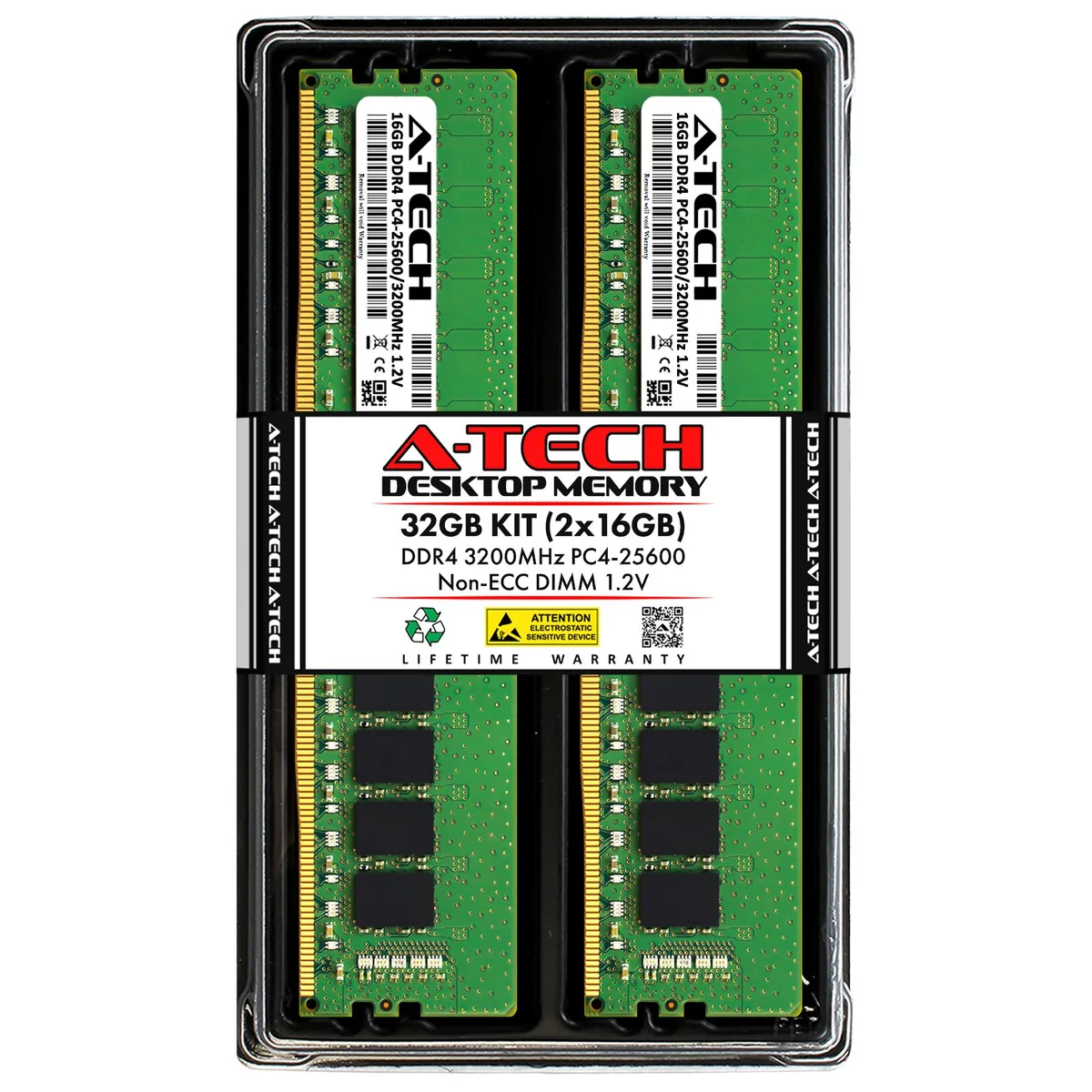 Two green rectangular DDR4 memory modules with black chips and gold contacts
