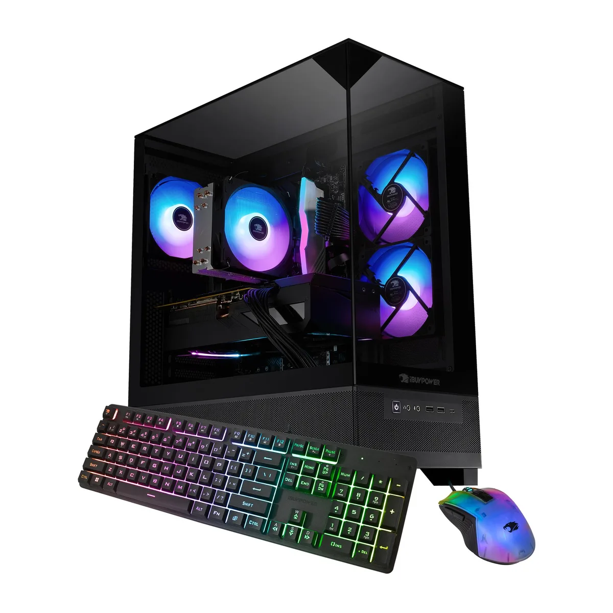 Black mid-tower gaming desktop with RGB lighting