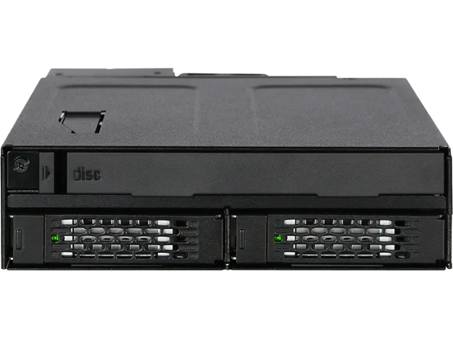 Black metal cage holding two 2.5 inch drive trays and a slim optical bay for a 5.25 inch slot