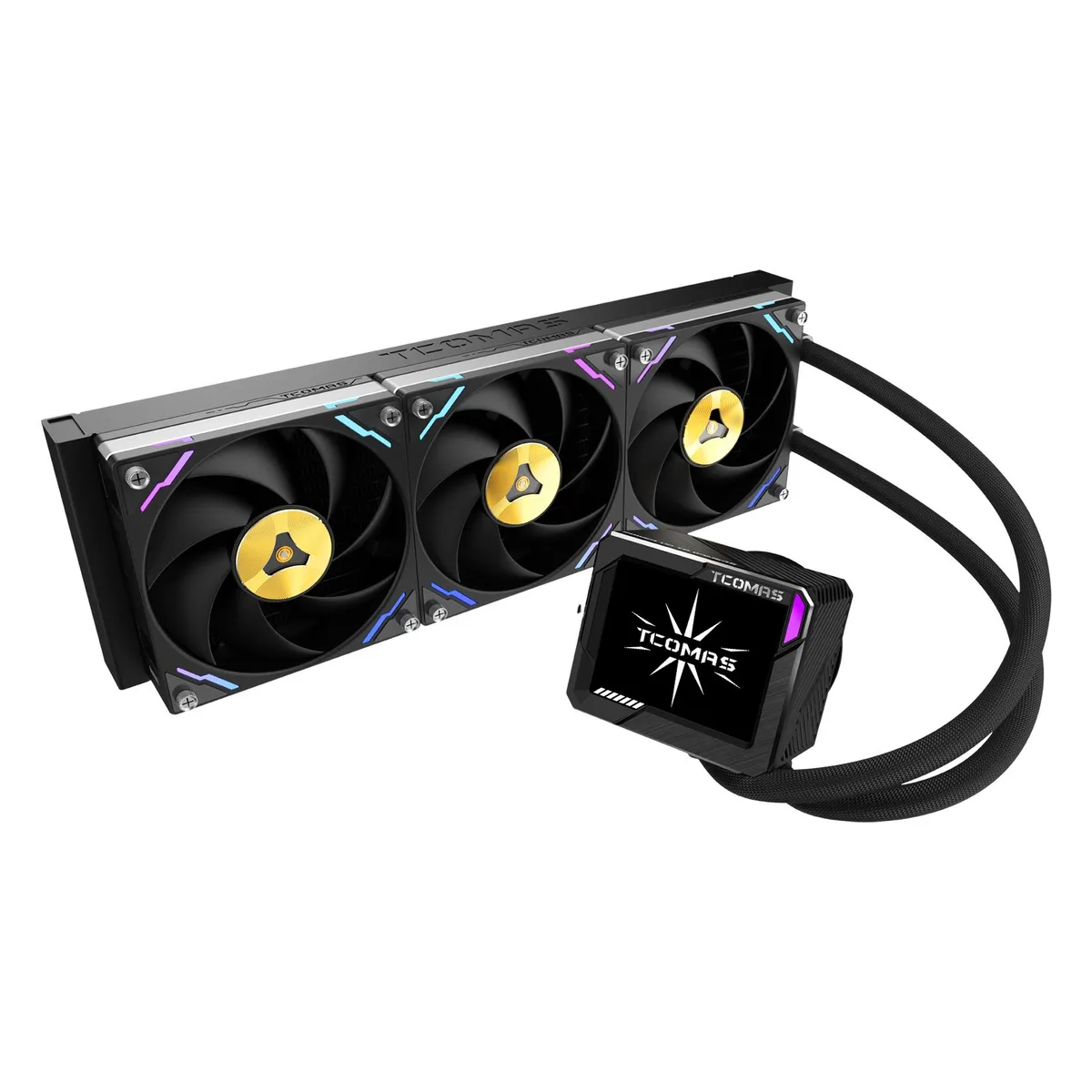 Black 360 mm AIO with 3.5 inch IPS pump display and three 120 mm fans