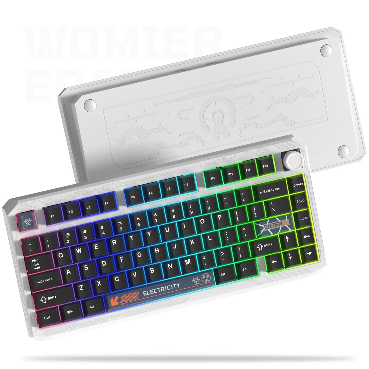 White 75 percent aluminum keyboard with rotary knob and RGB lighting