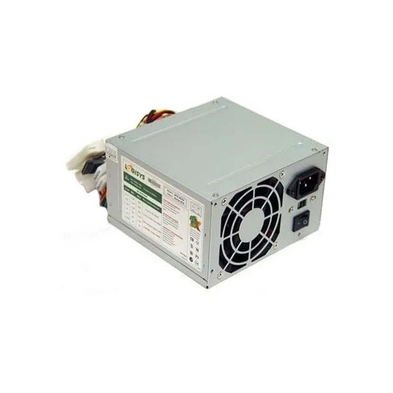 Grey ATX power supply unit with single fan, rectangular metal chassis