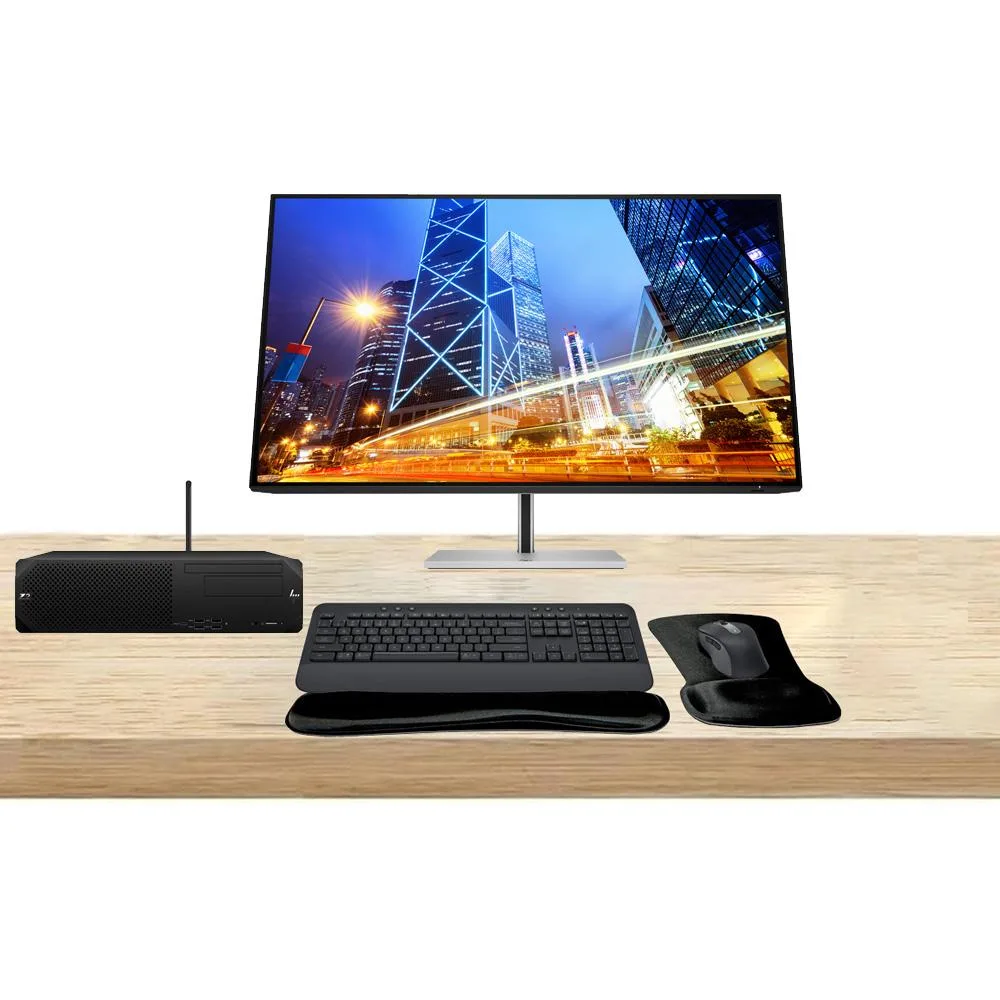Black compact desktop tower, 32-inch 4K monitor, wireless keyboard and mouse, USB WiFi adapter, gel pad