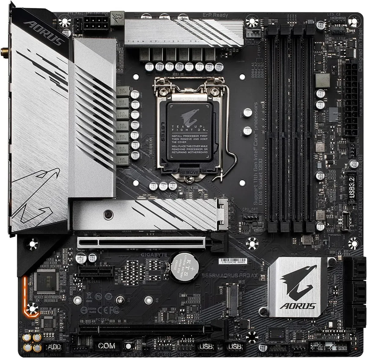 Dark green Micro-ATX board with black heatsinks and silver I/O shield