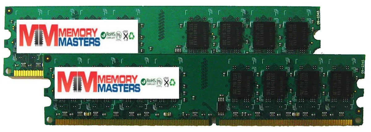 Two green DDR2 memory sticks with gold contacts and black chips