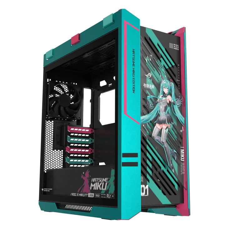 Black and green mid-tower case with aluminum frame, tempered glass front and side panels, four 14cm fans, Hatsune Miku artwork