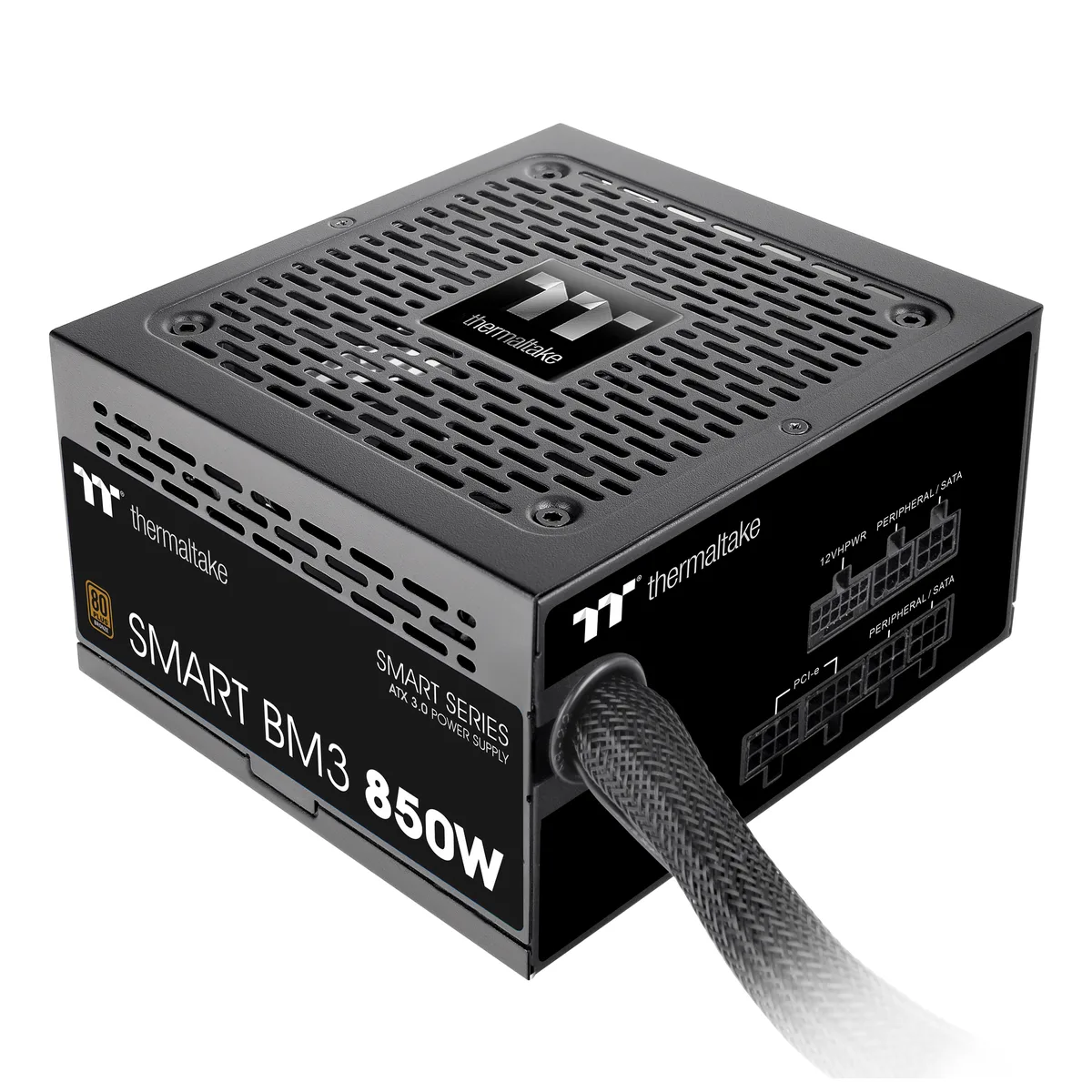 Rectangular black ATX power supply unit with side-mounted 120 mm fan and modular cable sockets