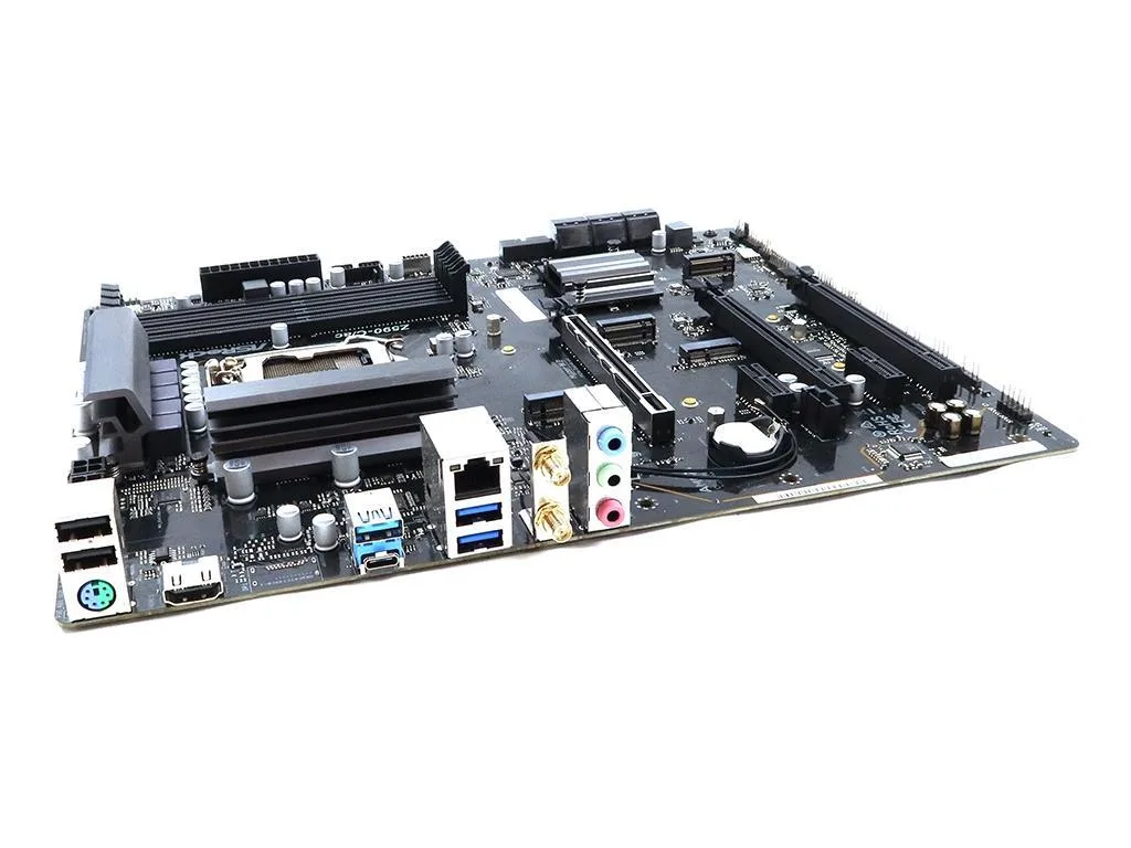 Rectangular ATX motherboard in black and grey with silver heatsinks and blue PCB visible