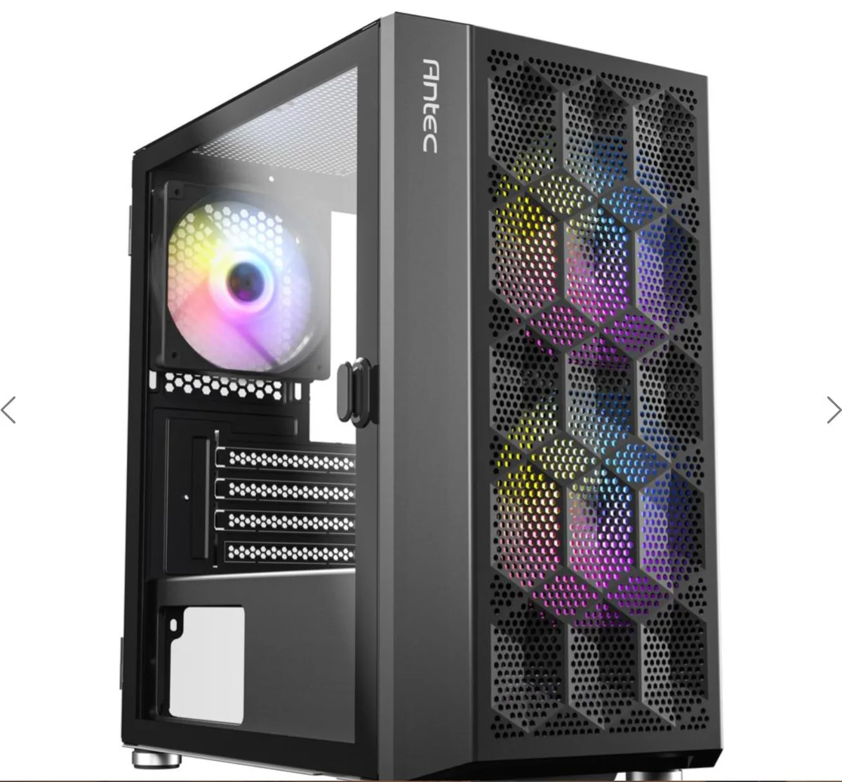 Black mini-tower PC case with mesh front panel and tempered glass side panel