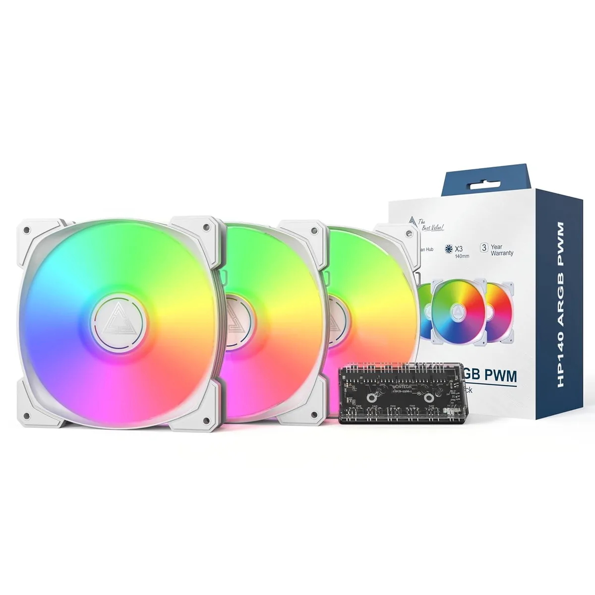 Montech Montech HP140W3IN1 140mm ARGB PWM case fan 3-pack white — 商品写真