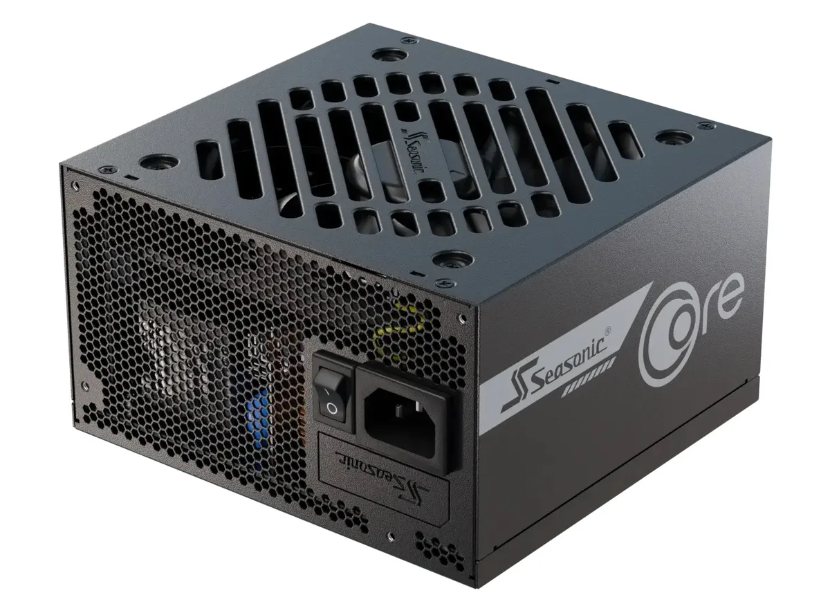 Black rectangular ATX power supply with modular cable sockets and a 120 mm fan grille
