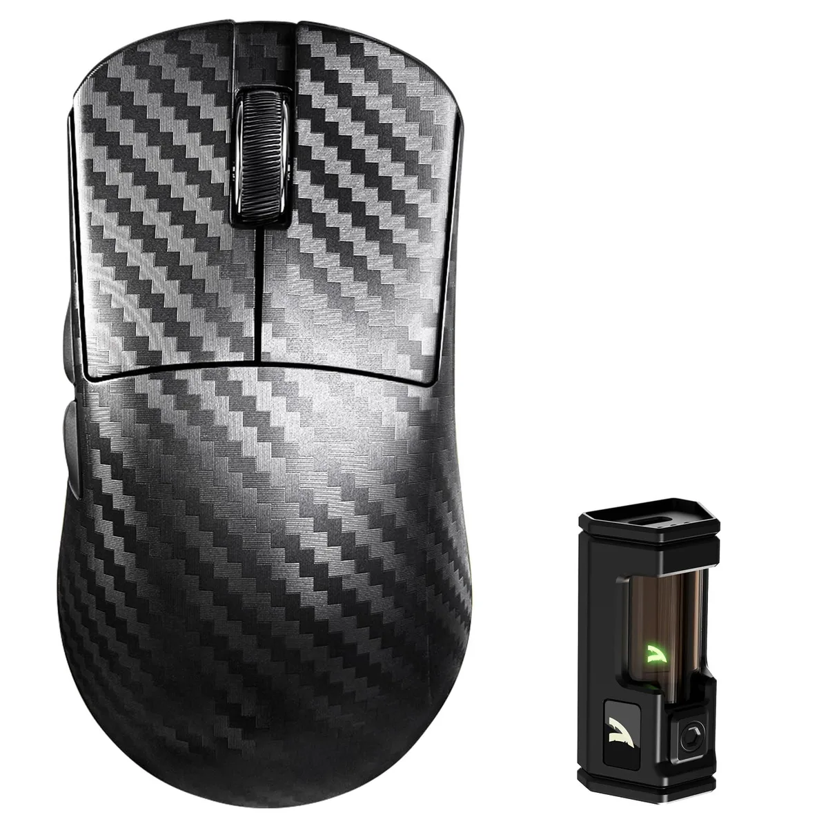 Right-handed gaming mouse in black with carbon-fiber shell and wave-pattern grip, ultra-light 49g design, 16 programmable buttons