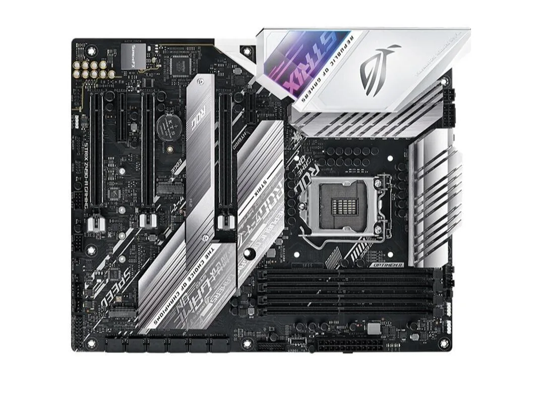 ATX motherboard with black and silver heatsinks and LGA 1200 socket