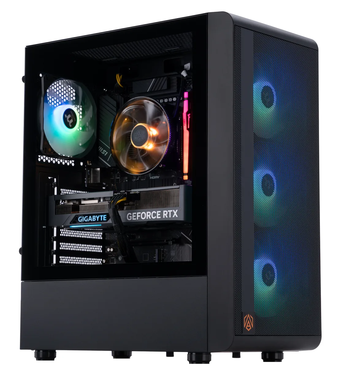 Black mid-tower gaming desktop with tempered glass side panel and RGB lighting visible inside