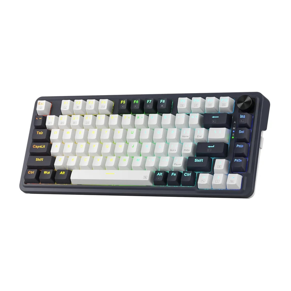 Compact 81-key wireless gaming keyboard in blue with RGB backlighting and a scroll knob