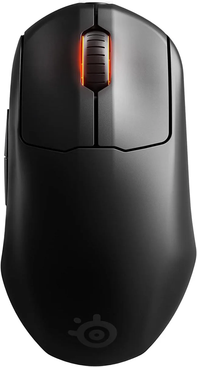 Compact matte-black wireless gaming mouse with ergonomic right-hand shape, five buttons and RGB scroll wheel