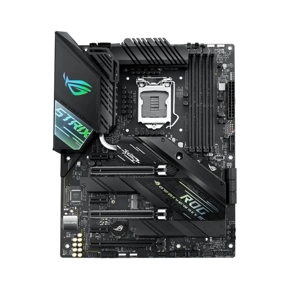 ATX motherboard with black heatsinks and silver accents