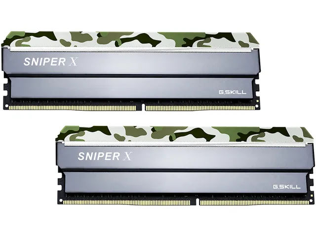 Two green camouflage DDR4 DIMMs with low-profile aluminium heatspreaders