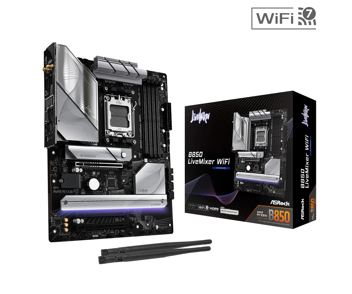 ATX motherboard in matte black with silver heatsinks and white accents