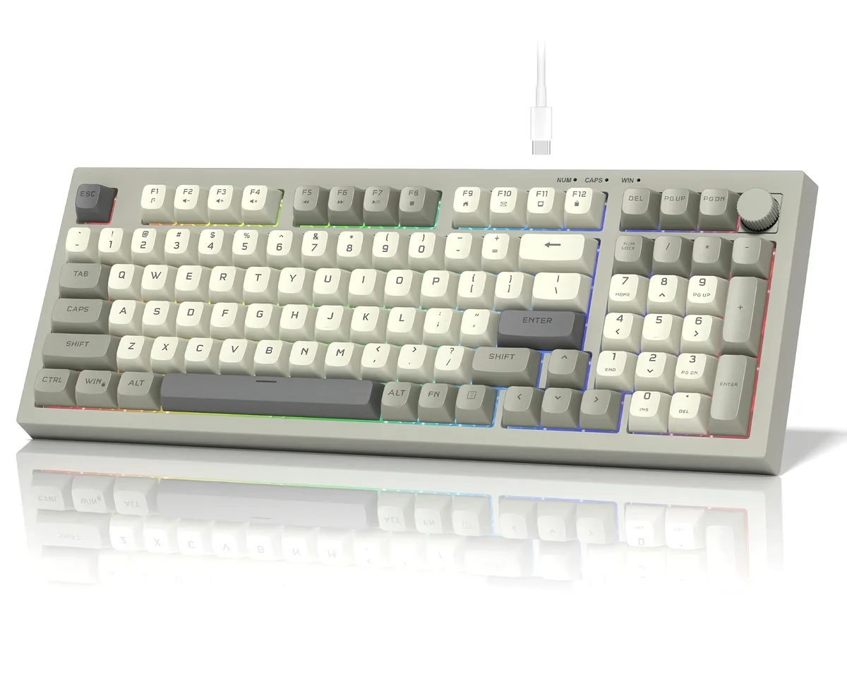 Grey 97-key compact wired keyboard with rainbow RGB backlight and volume knob