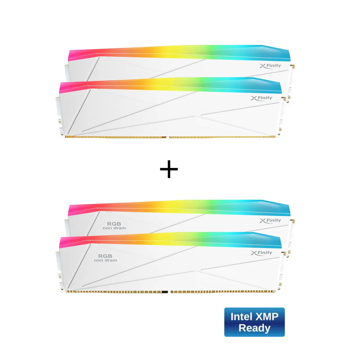 Two white silver DDR5 memory sticks and two matching RGB filler modules with light bars
