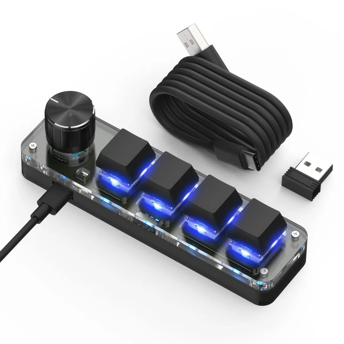 Compact four-key macro keypad with tactile switches and RGB backlighting