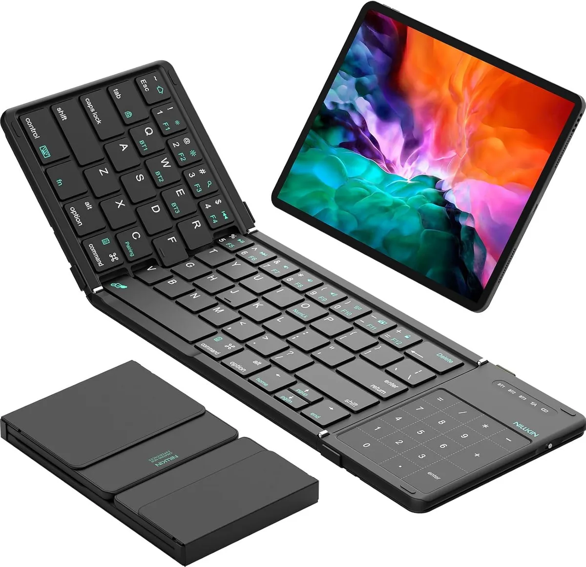 Black foldable Bluetooth keyboard with touchpad and number pad, aluminium hinge, folds to 7.2 x 4.2 inches