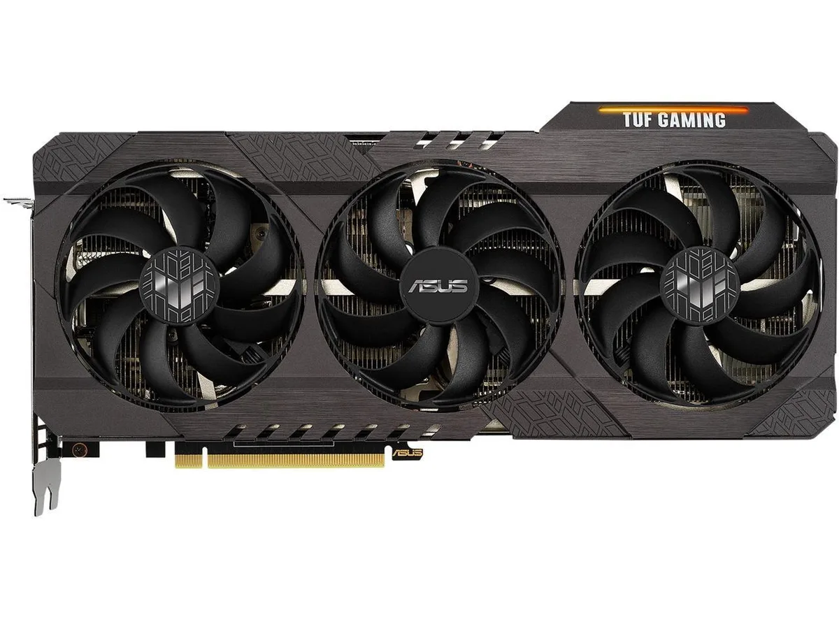 ASUS GeForce RTX 3070 TUF GAMING V2 graphics card, dual-fan cooler, dark grey metal shroud, exposed backplate
