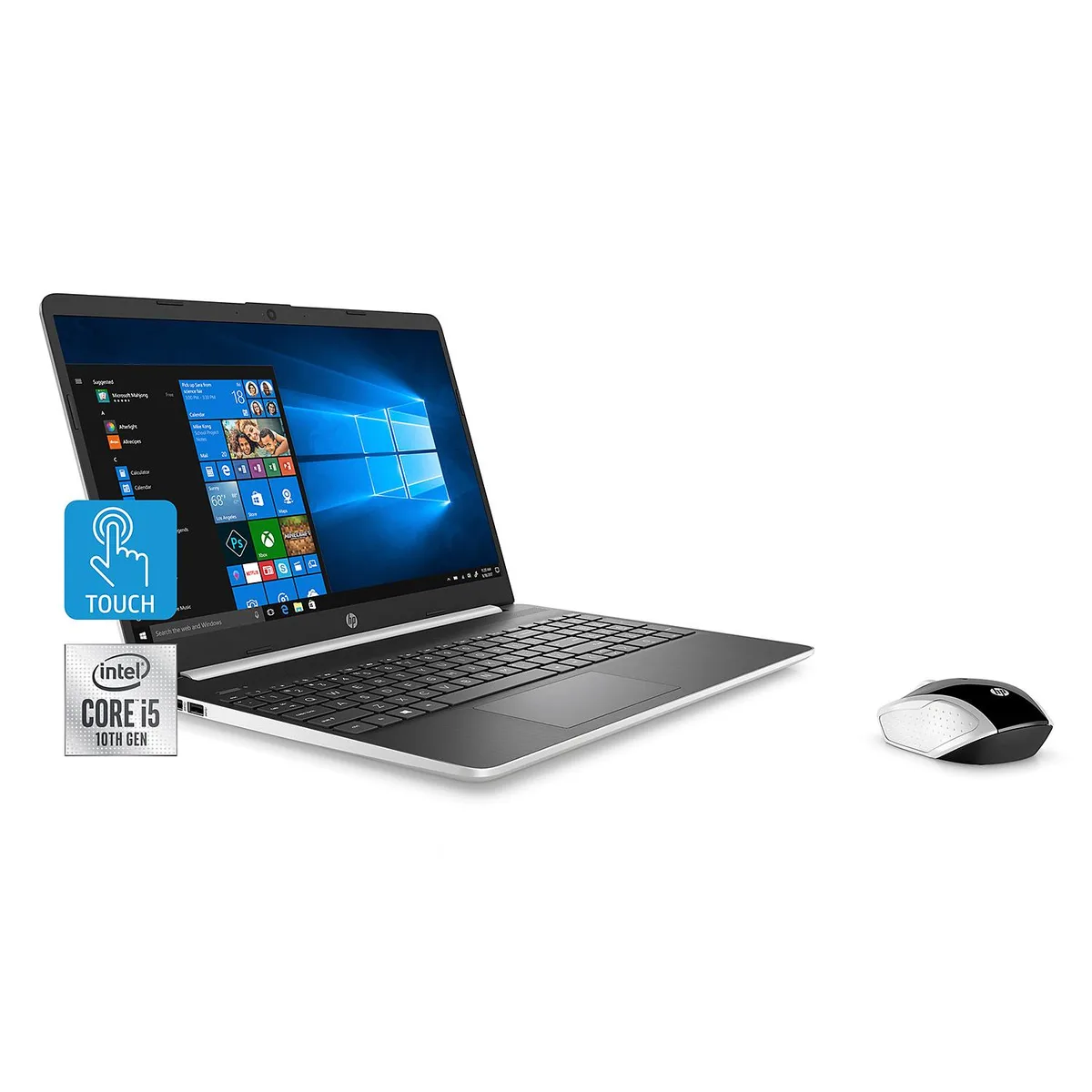 Silver 15.6-inch HP laptop with touchscreen display and full-size keyboard