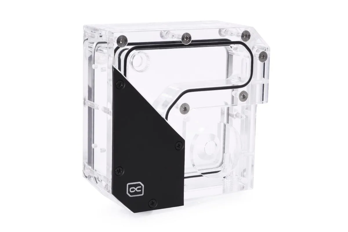 Clear acrylic flat reservoir with integrated DDC pump top, 120 by 120 by 50 mm, six G1/4 ports, five aRGB LEDs