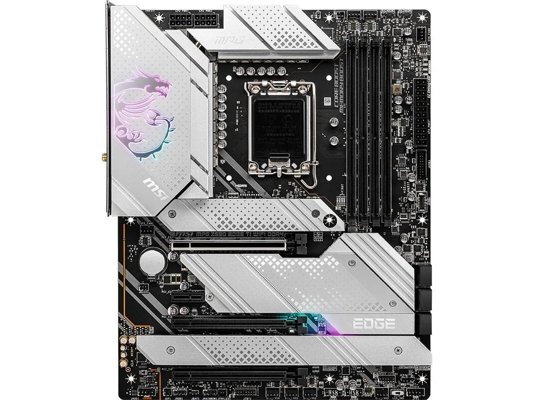 ATX motherboard, black PCB with silver heatsinks and I/O shield