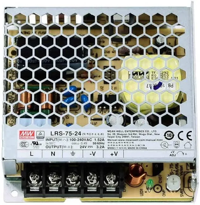Rectangular metal power supply unit, silver finish, screw terminals visible