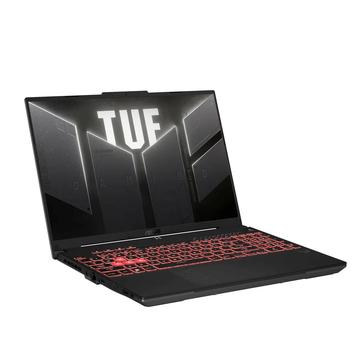 ASUS TUF Gaming A16 laptop in plastic chassis with 16 inch display and backlit keyboard