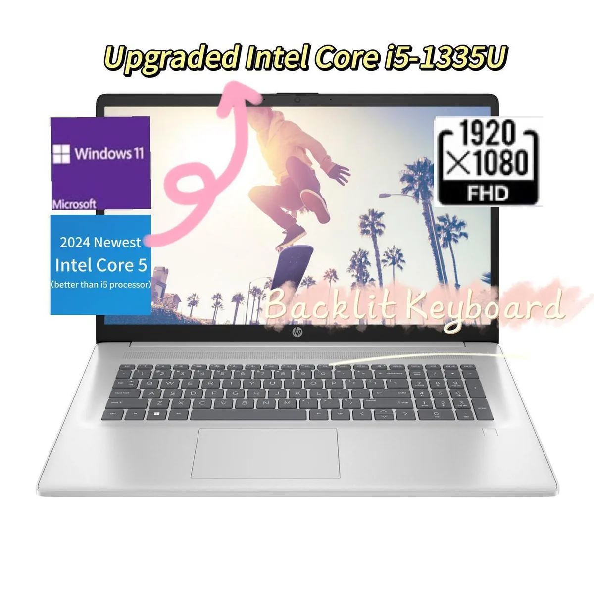 Silver 17.3 inch FHD laptop with full-size backlit keyboard and numeric keypad