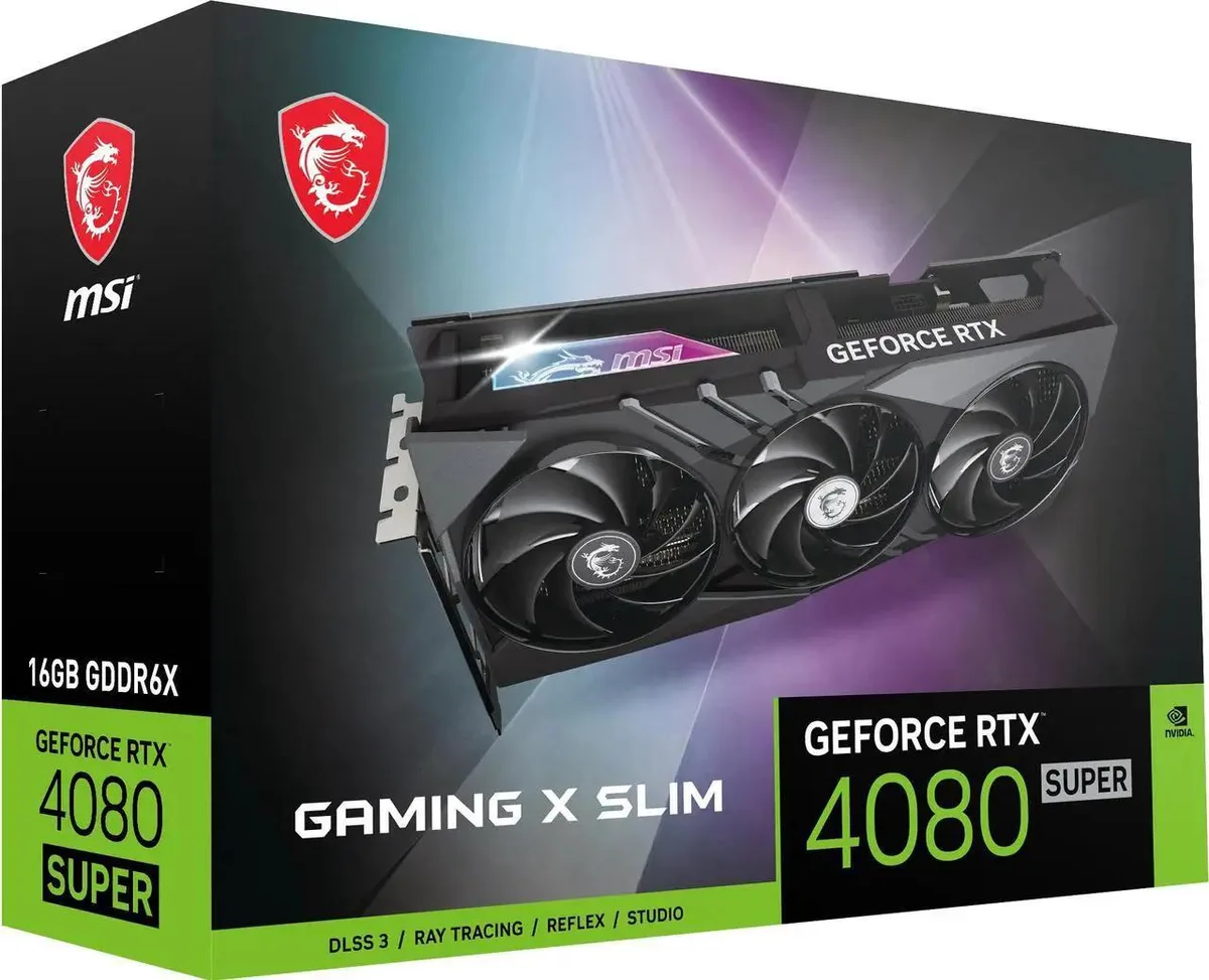 MSI GeForce RTX 4080 SUPER 16G Gaming X Slim graphics card with triple-fan cooler and metal backplate