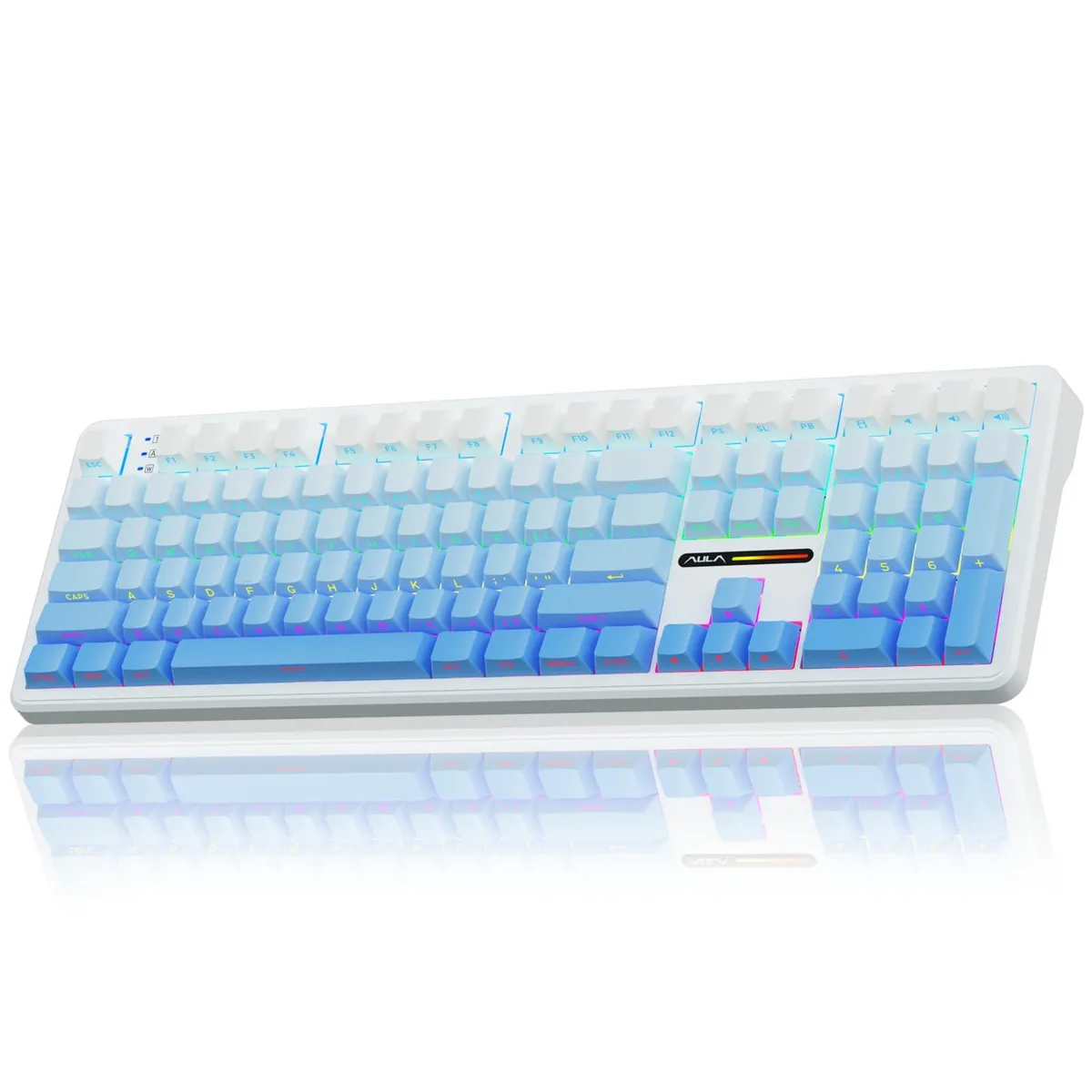 Full-size mechanical keyboard in gradient blue with RGB backlighting and number pad