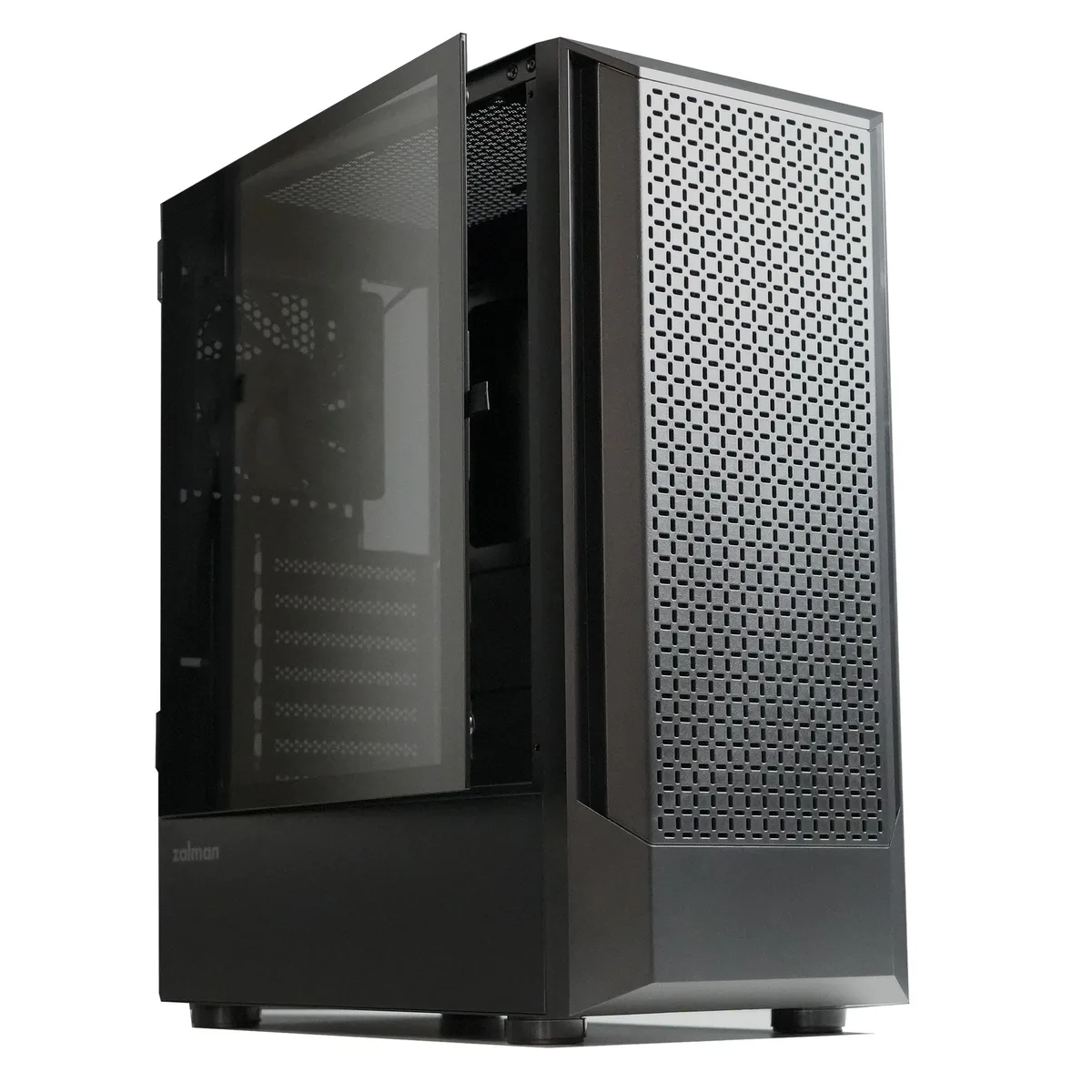 Black steel mid-tower case with tempered glass side panel and front mesh