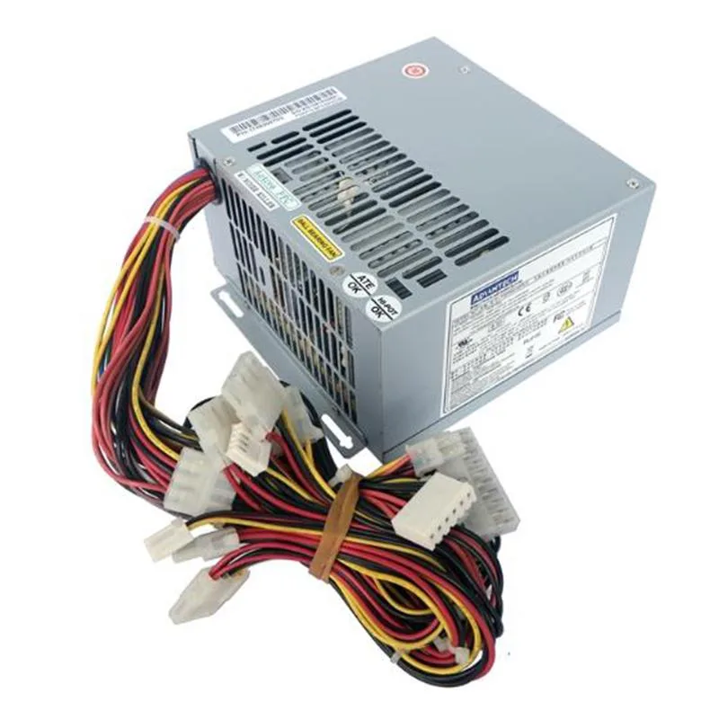 Rectangular ATX power supply unit with metal casing and rear fan grille