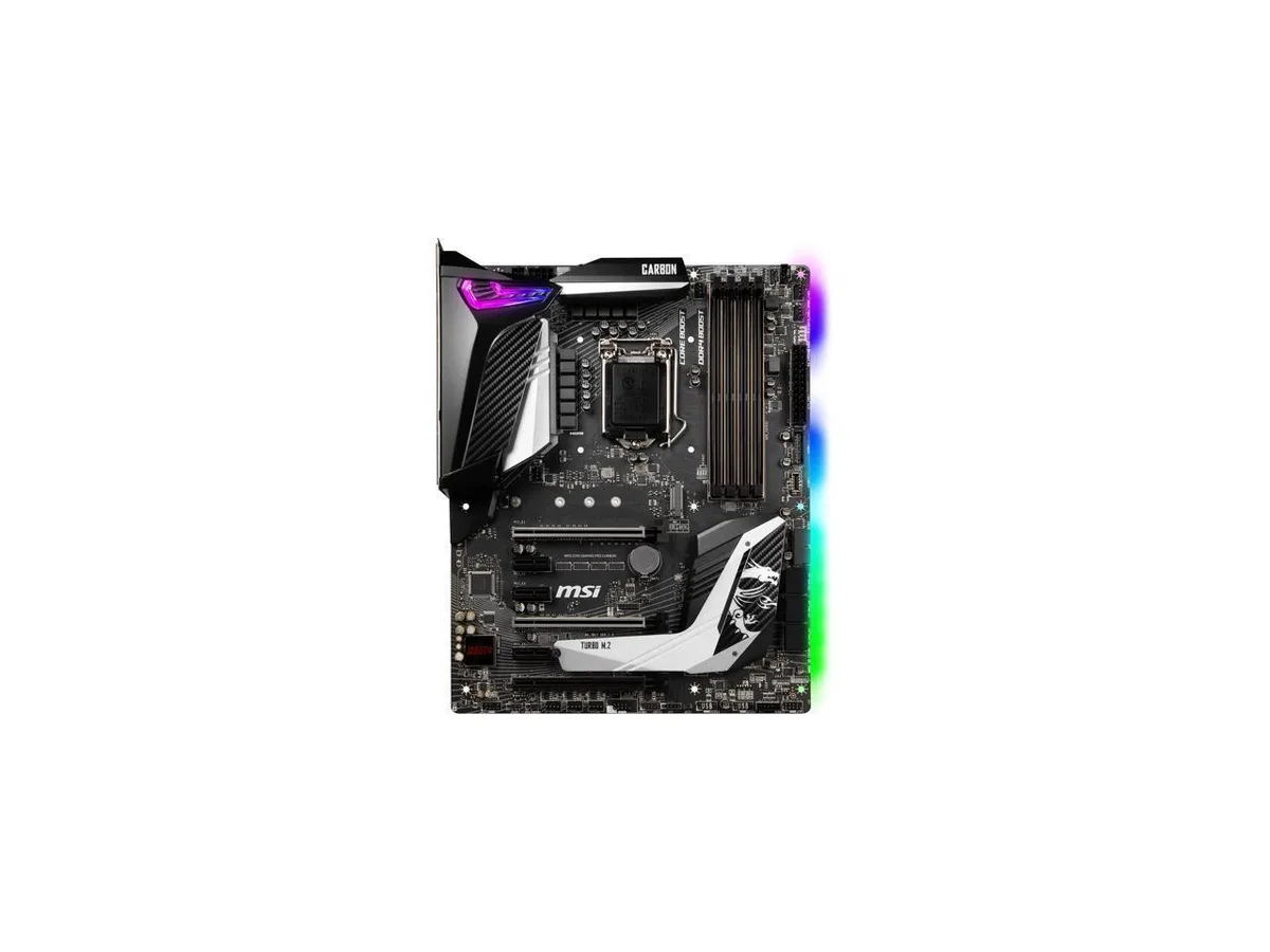 Black ATX motherboard with carbon-fibre pattern heatsinks and four DDR4 slots