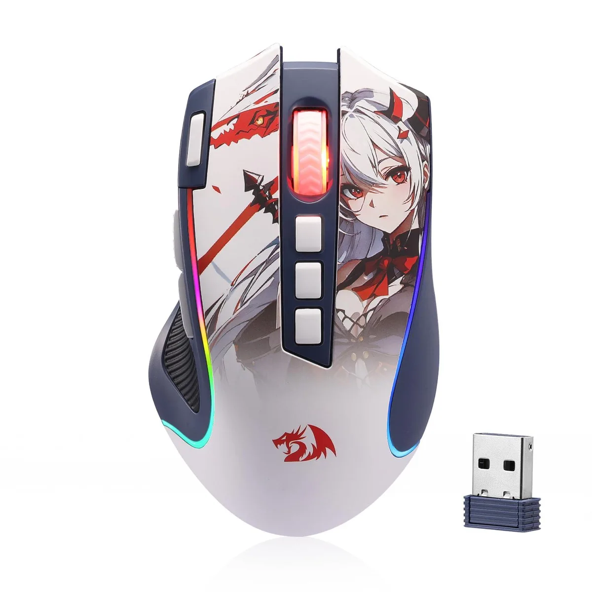 Right-hand wireless gaming mouse with anime-themed artwork, frosted coating and rubber side grip