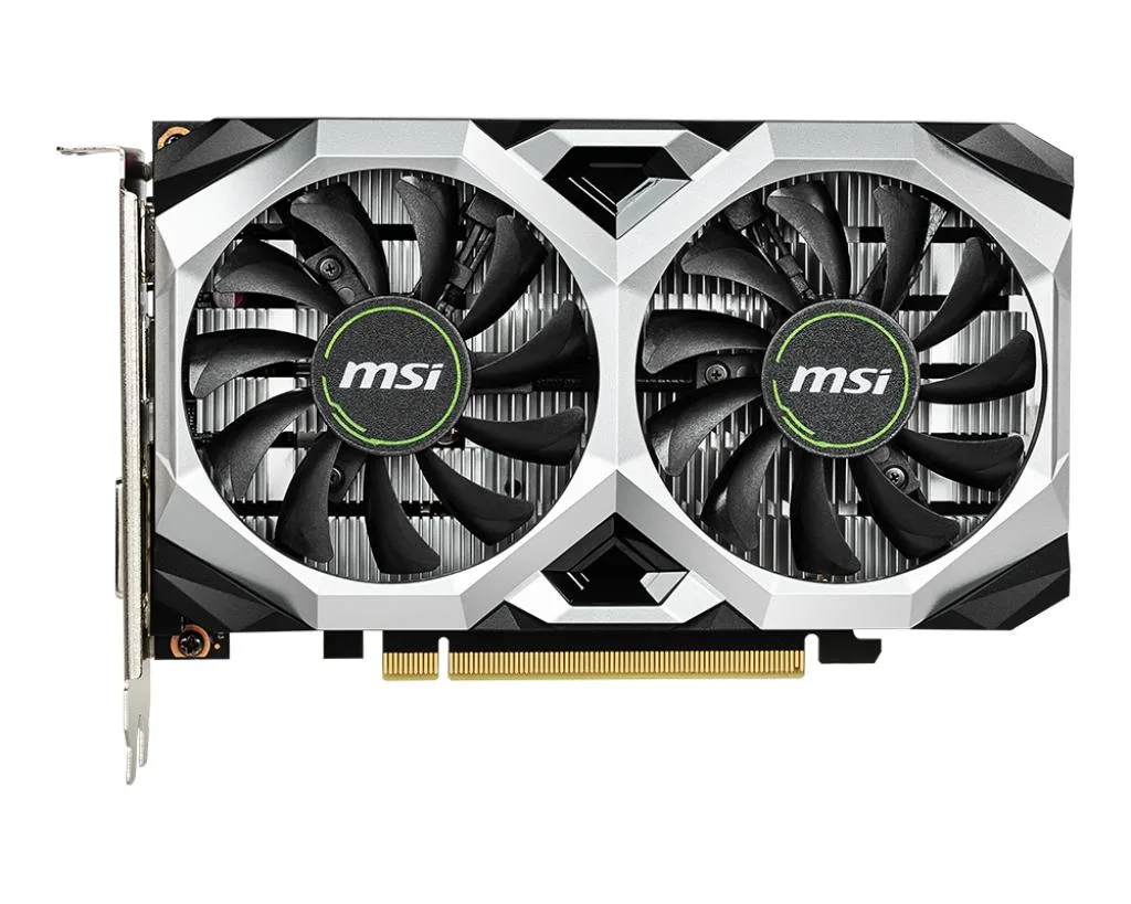 Dual-fan graphics card with black shroud and silver accents