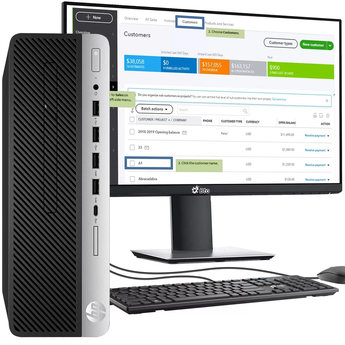 Black HP 600 G4 small-form-factor tower with 24-inch monitor, wireless keyboard and mouse