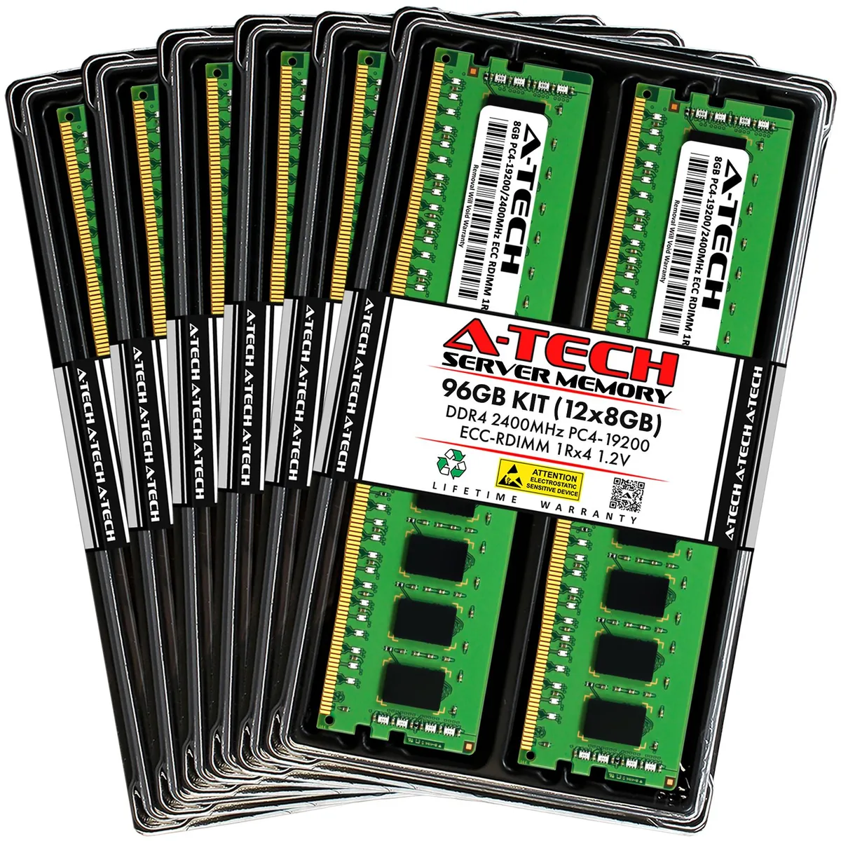 Twelve green DDR4 RDIMM modules with gold contacts, no heat spreaders