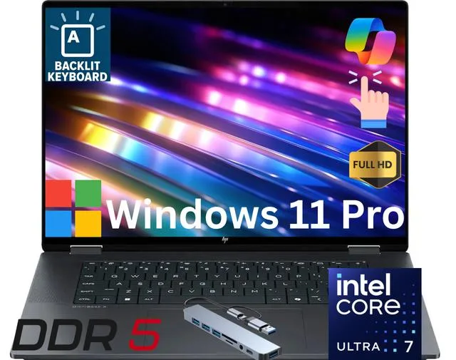 Black 16 inch 2-in-1 laptop with touchscreen display and backlit keyboard