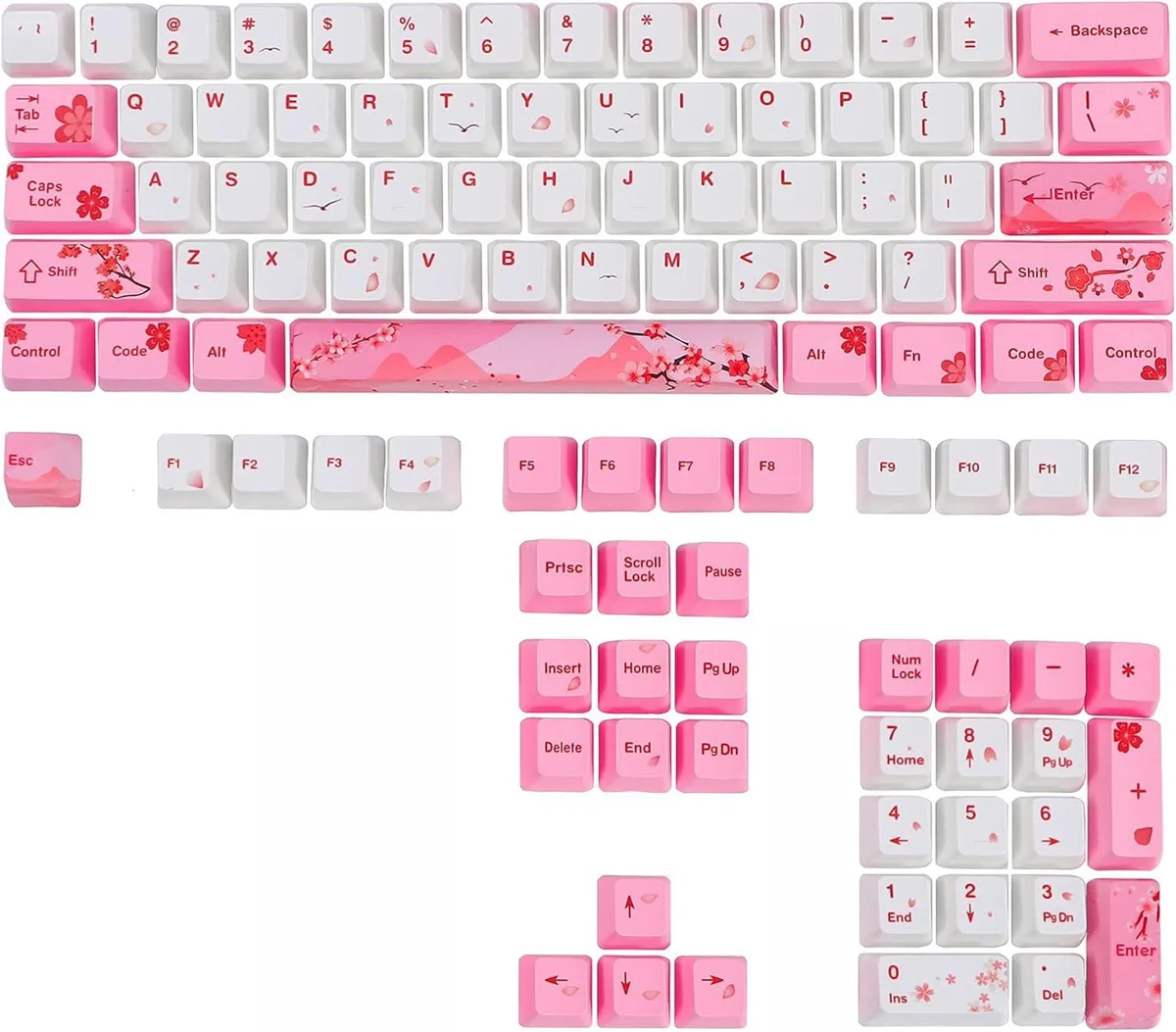 Pink PBT dye-sub OEM keycaps, 104 keys, 60% layout shown on tray