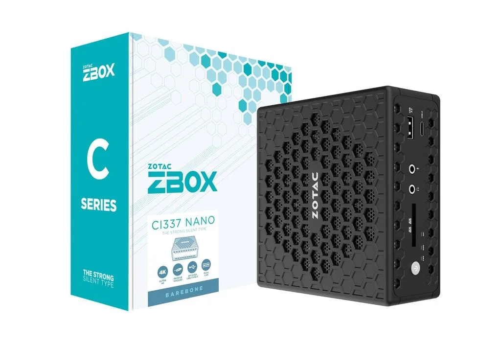 Compact black fanless mini PC with honeycomb vents