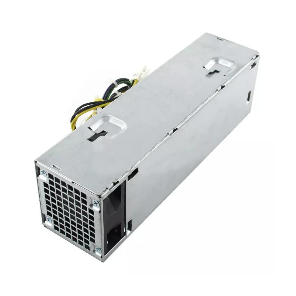 Rectangular silver metal power supply unit with ventilation grille and label sticker