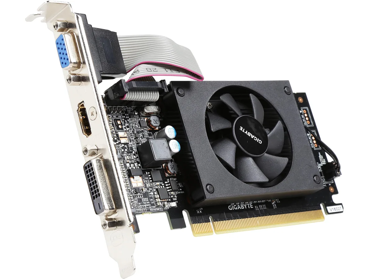 Low-profile black graphics card with single fan and metal bracket showing HDMI DVI and VGA ports