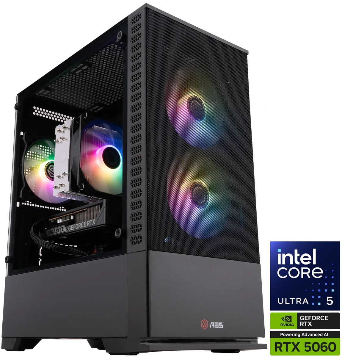 Black mid-tower gaming PC with transparent side panel and RGB lighting visible inside